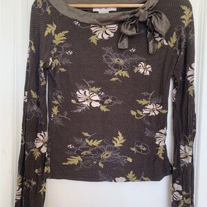 Chic Floral Long Sleeve Top with Satin Bow Detail